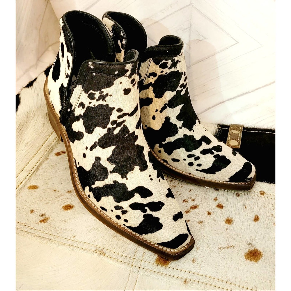BLACK Cowhide Dixon Booties Western Heel Black & White Hide - Picture 3 of 5